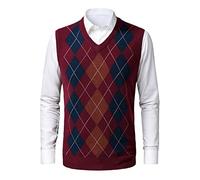 KTWOLEN Herren Pullunder V-Ausschnitt Kariert Pullover Weste Slim Fit Strickweste Winter Wollweste Freizeit Business Ärmellose Strickpullover, H-weinrot, XL