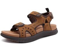KuaiLu Herren Leder Wandersandalen Bequeme Orthopädische Recovery Trekkingsandalen Outdoor Sommer Casual Strand Dickes Kissen Sportsandalen, 43 Khaki Braun