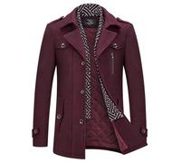 KUDMOL Herren Wintermantel Wolle Kurzmantel Stehkragen Wollmantel Mittellang für Business Freizeit Peacoat(Weinrot,XXL)