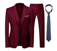 KUDORO Herren Anzüge 3-teilig Slim Fit Einreihig Zwei Knöpfe für Hochzeit Business Herren 3-Stücke Formell Sakko Weste Hose mit Krawatte(Weinrot,M)