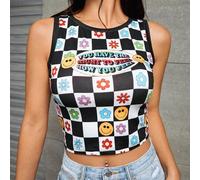 Künstlerisches Mädchen-Cartoon- & Slogan-Grafik-Trägertop, für Sommer, Urlaub, Strand, Ausgehen, Festival, Ibiza-Passform, Western-Wear Herbst
