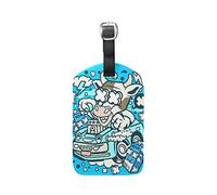 Kuh Stier Cartoon Blau Kofferanhänger Leder Gepäck Koffer-Tags Gepäckanhänger Ausweisetikett Name Adresse Nachricht Tags für Reise(2Stück)