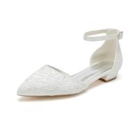 KUHAOFEU Ballerinas Mit Spitzer Zehenpartie Und Riemchen Flache Schuhe Für Damen,Weiß,38 EU