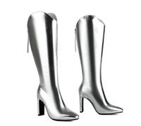 KUHAOFEU Cowgirl-Stiefel Für Damen Kniehohe Stiefel Spitzer Zehenbereich Und Blockabsatz Westernstiefel,Silber,45 EU