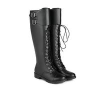 KUHAOFEU Damen Flach Langschaft Stiefel Mit Gürtelschnalle Seitlicher Reißverschluss Schnür Kniehohe Ritter Stiefel Niedrige Absatz Army Militär Stiefel,Schwarz,43 EU