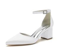 KUHAOFEU Damen Geschlossenem Zehen Niedrigem Blockabsatz Arbeit Pumps Knöchelriemen Hochzeitsschuhe,Weiß,36 EU