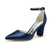 KUHAOFEU Damen High Heels Mit Blockabsatz Geschlossene Zehen Büro Riemchen Pumps Klobiger Absatz Abend Party Schuhe,Marine,38 EU