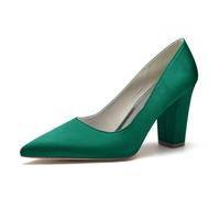 KUHAOFEU Damen High Heels Spitze Zehen Hochzeits-Pumps Slip-On Blockabsatz Arbeitsschuhe,Grün,38 EU