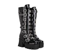 KUHAOFEU Damen Kniehohe Winterstiefel Gothic Plateau Stiefel PU Lederstiefel Blockabsatz Kampfstiefel,Black patent Leather,38 EU
