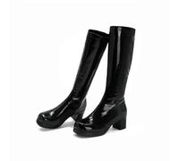 KUHAOFEU Damen Langschaftstiefel Blockabsatz Lackstiefel High Heels Kniehohe Stiefel Mit Reißverschluss,Schwarz,48 EU