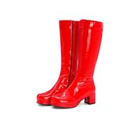 KUHAOFEU Damen Langschaftstiefel Blockabsatz Lackstiefel High Heels Kniehohe Stiefel Mit Reißverschluss,Rot,38 EU