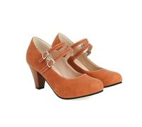 KUHAOFEU Damen Mary Jane Pumps mit doppelte Schnalle Runde Zehe Niedriger Absatz Hochzeitsschuhe Brautschuhe,Orange,39 EU