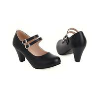 KUHAOFEU Damen Mary Jane Pumps mit doppelte Schnalle Runde Zehe Niedriger Absatz Hochzeitsschuhe Brautschuhe,Schwarz,48 EU