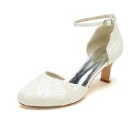 KUHAOFEU Damen Mary Jane Schuhe Kätzchen Absatz Geschlossene Runde Zehen Büro Arbeit Kirche Hochzeit Pumps mit Knöchelriemen,Elfenbein,38 EU