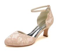 KUHAOFEU Damen Mary Jane Schuhe Kätzchen Absatz Geschlossene Runde Zehen Büro Arbeit Kirche Hochzeit Pumps mit Knöchelriemen,Champagne,40 EU