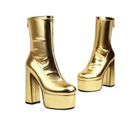 KUHAOFEU Damen Plateau Stiefeletten Blockabsatz Warm Kurze Stiefel,Gold,38 EU