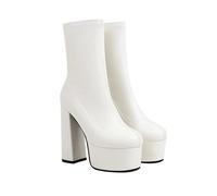 KUHAOFEU Damen Plateau Stiefeletten Blockabsatz Warm Kurze Stiefel,Weiß,39 EU