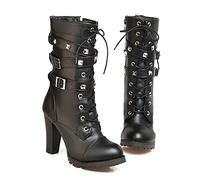 KUHAOFEU Damen Punk Goth Stiefel Klobiger Hoch Absatz Kampfstiefel Schnürung Runde Zehen Knight Stiefel Niete Gürtelschnalle Motorradstiefel,Schwarz,45 EU
