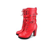 KUHAOFEU Damen Punk Goth Stiefel Klobiger Hoch Absatz Kampfstiefel Schnürung Runde Zehen Knight Stiefel Niete Gürtelschnalle Motorradstiefel,Rot,45 EU