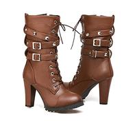 KUHAOFEU Damen Punk Goth Stiefel Klobiger Hoch Absatz Kampfstiefel Schnürung Runde Zehen Knight Stiefel Niete Gürtelschnalle Motorradstiefel,Braun,45 EU