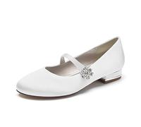 KUHAOFEU Damen Runde Zehe Arbeitsschuhe Gemütlich Ballerinas Strass Knöchelriemen Hochzeitsschuhe Reiseschuhe,Weiß,43 EU