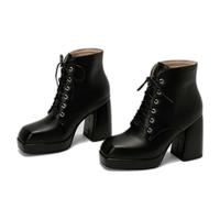 KUHAOFEU Damen Schnürstiefeletten Mit Blockabsatz High Heels Plateau Kurzschaft Stiefel,Schwarz,46 EU