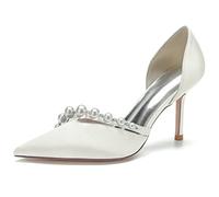 KUHAOFEU Damen Spitze Zehe mit Pfennigabsatz Hochzeit Schuhe Satin Perle Schlüpfen Auf Braut Pumps,Elfenbein,39 EU