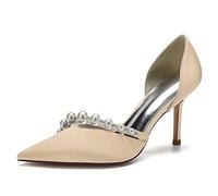 KUHAOFEU Damen Spitze Zehe mit Pfennigabsatz Hochzeit Schuhe Satin Perle Schlüpfen Auf Braut Pumps,Champagne,37 EU