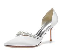 KUHAOFEU Damen Spitze Zehe mit Pfennigabsatz Hochzeit Schuhe Satin Perle Schlüpfen Auf Braut Pumps,Weiß,37 EU