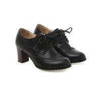 KUHAOFEU Damen Vintage Oxfords Wingtip Schuhe Brogues mit Mittlerem Absatz Schuhe Mädchenschule Schnürschuhe Pumps,Schwarz,42 EU