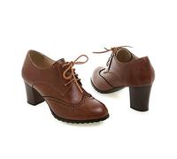 KUHAOFEU Damen Vintage Oxfords Wingtip Schuhe Brogues mit Mittlerem Absatz Schuhe Mädchenschule Schnürschuhe Pumps,Braun,38 EU