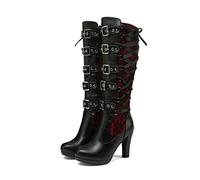 KUHAOFEU Damen Warme Lange Stiefel Hohe Stiefel Boots Runde Zehe Hoch Absatz Herbst Winter Reißverschluss PU Lederstiefel,Rot,37 EU