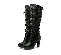 KUHAOFEU Damen Warme Lange Stiefel Hohe Stiefel Boots Runde Zehe Hoch Absatz Herbst Winter Reißverschluss PU Lederstiefel,Schwarz,37 EU