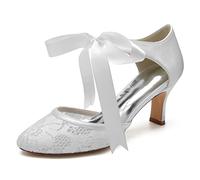 KUHAOFEU Frauen Bow Mary Jane Kitten Heel Pumps Spitze Runde Zehe Low Heels Ribbon Tie Burgund Brautkleid Abend Party Schuhe,Weiß,42 EU