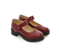 KUHAOFEU Frauen Klobige Plattform Mary Jane Schuhe Schnallenriemen Runde Zehen Flacher Lolita Schuhe,Rot,41 EU
