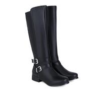 KUHAOFEU Frauen Knie Hohe Biker Motorrad Stiefel Flache Leder Reitstiefel Schnalle Strap Chunky Heel Ritter Hohe Stiefel mit Reißverschluss,Schwarz,40 EU
