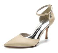 KUHAOFEU High Heel Pumps Knöchel Riemchen Spitze Zehen Satin Partei Abendschuhe Hochzeits Brautschuhe,Champagne,39 EU