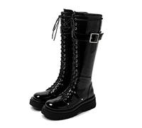 KUHAOFEU Kniehohe Biker Stiefel Damen Flach Plateau Motorradstiefel Schnür Langschaft Kampfstiefel,Schwarz,38 EU