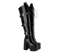 KUHAOFEU Kniehohe Gothic Plateaustiefel für Damen mit Fledermausschnallen Ritter Kampfstiefel,Black patent Leather,46 EU