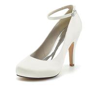 KUHAOFEU Plateau Pumps Damen Runde Zehen High Heels Stöckelabsatz Hochzeits Brautschuhe mit Knöchelriemen,Elfenbein,37 EU