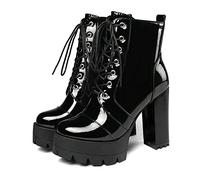 KUHAOFEU Plattformstiefel Für Frauen Kampfstiefel Mit Dicken Absätzen Stiefeletten Aus Leder Lackierte Runde Zehen Hoch Absatz Schnürstiefeletten,Schwarz,43 EU