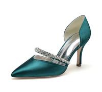 KUHAOFEU Pumps für Frauen High Heels Strass Spitze Zehen Pfennigabsatz Slip-on Braut Hochzeit Schuhe,Teal,39 EU