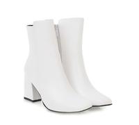 KUHAOFEU Stiefeletten Mit Klobigem Absatz Für Damen Leder Quadrat Zehen Winterschuhe Reißverschluss Chelsea Kurze Stiefel,Weiß,37 EU