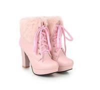 KUHAOFEU Winterstiefel Damen Kurzschaft Stiefel Stiefeletten Mit Absatz Schnürung Warme Gefüttert Schneestiefel,Rosa,42 EU