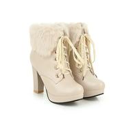 KUHAOFEU Winterstiefel Damen Kurzschaft Stiefel Stiefeletten Mit Absatz Schnürung Warme Gefüttert Schneestiefel,Beige,37 EU