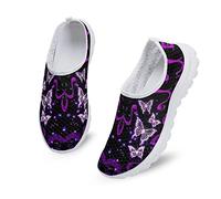 Kuiaobaty Frauen Slip on Turnschuhe Mesh Flache Schuhe, Boho Stripe Cartoon Katze Wolf Blume Walking Sneakers Leichte Freizeitschuhe, violettfarbener schmetterling, 37 EU