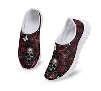 Kuiaobaty Gothic Art Wanderschuhe für Damen und Herren, Slip-On-Lauf-Sneaker, modische Loafer, lässige Turnschuhe für die Arbeit, Totenkopf Rote Rosen, 41.5 EU