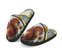 Kuiaobaty Hausschuhe für Damen, Memory-Schaum, Winterpantoffeln, Buntglas, Kunst, Komfort, Heimschuhe, Fleecefutter, leicht, Eichhörnchen-Blumen, 37/38 EU