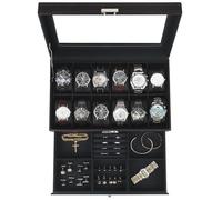Kukikan Uhrenbox mit 12 Fächern, Uhrenkasten mit Glasdeckel, Uhrenkoffer mit herausnehmbaren Uhrenkissen, Metallverschluss, Geschenkidee, PU-Bezug in Schwarz, Samtfutter in Schwarz