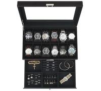 Kukikan Uhrenbox, Schmuck-Organizer, 12 Fächer, 2-lagiges Uhrengehäuse mit großem Glasdeckel, Uhren-Aufbewahrungsbox für Herren mit Schloss, Uhrenhalter, Vitrine, Geschenk für Männer und Frauen